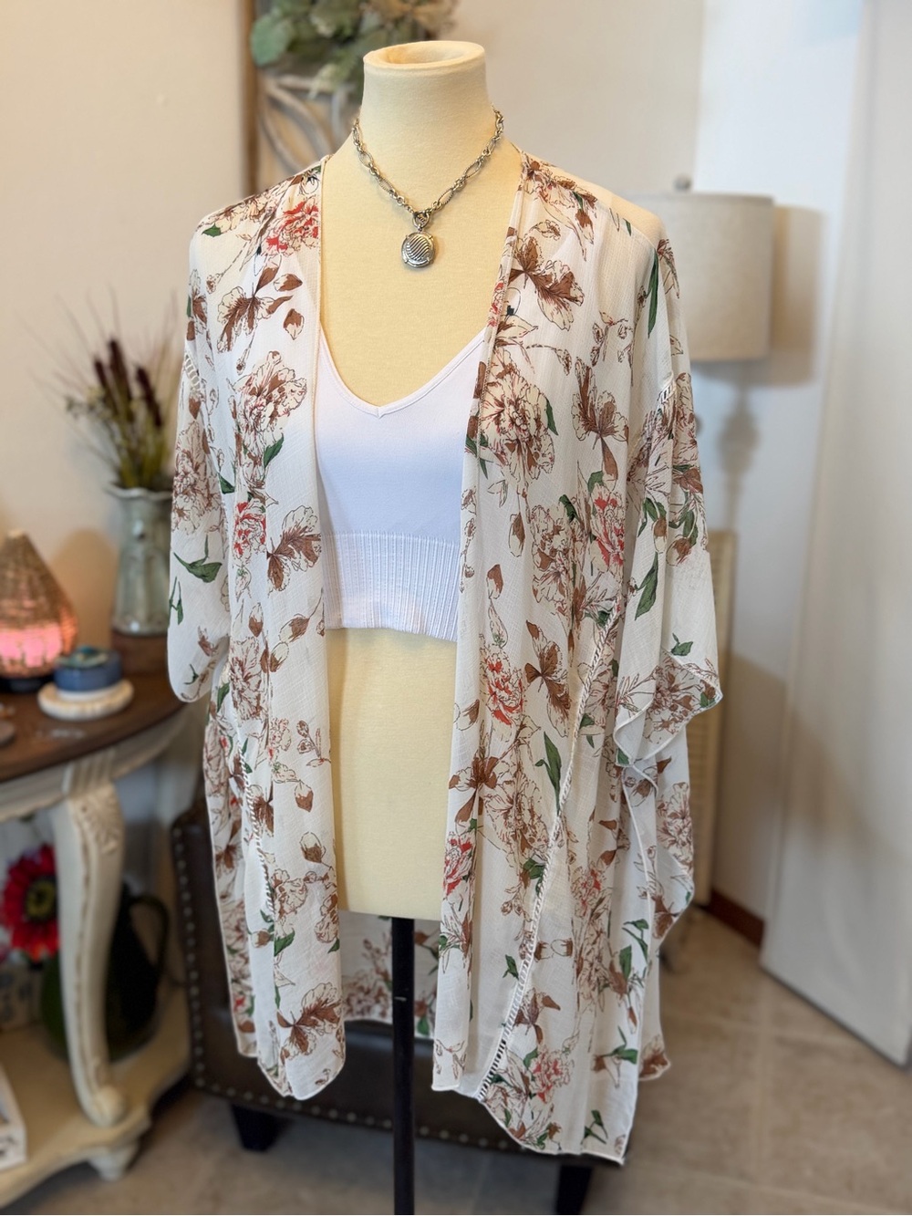 emory park Sheer Floral Kimono in Cream with Brown & Green Accents